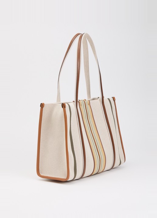 Chloé Woody Loop Medium schoudertas van canvas met kalfsleren details - achterkant 6 beige