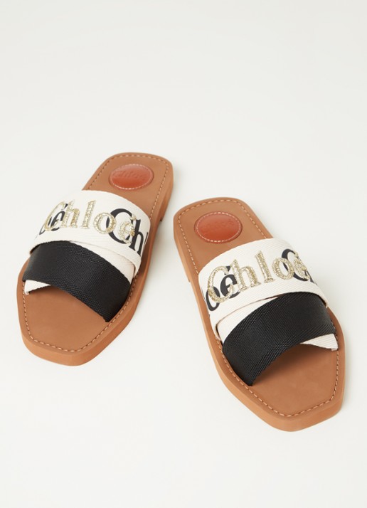 Chloé Woody slipper van canvas met logo - detail 2 beige