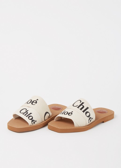 Chloé Woody slipper van canvas met logo - detail beige
