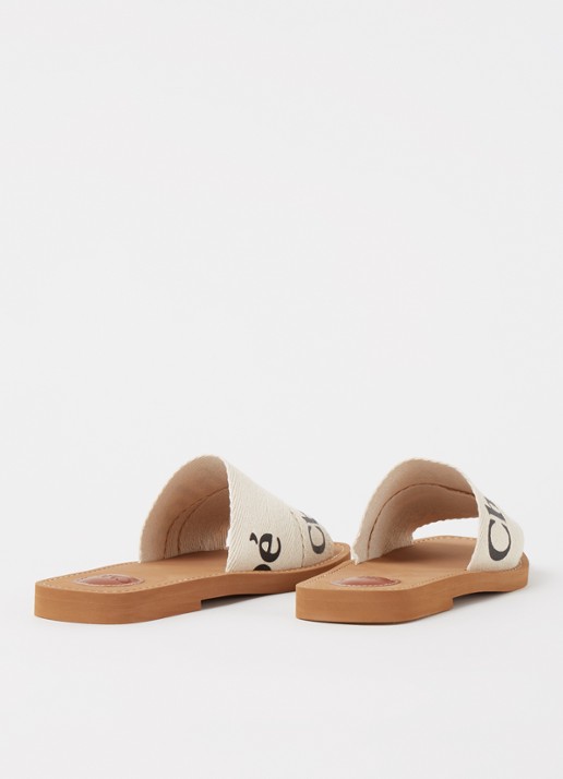 Chloé Woody slipper van canvas met logo - detail 2 beige