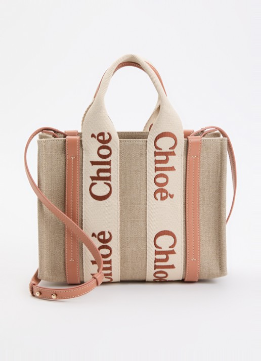 Chloé Woody Small handtas van linnen met kalfsleren details - voorkant oranjebruin