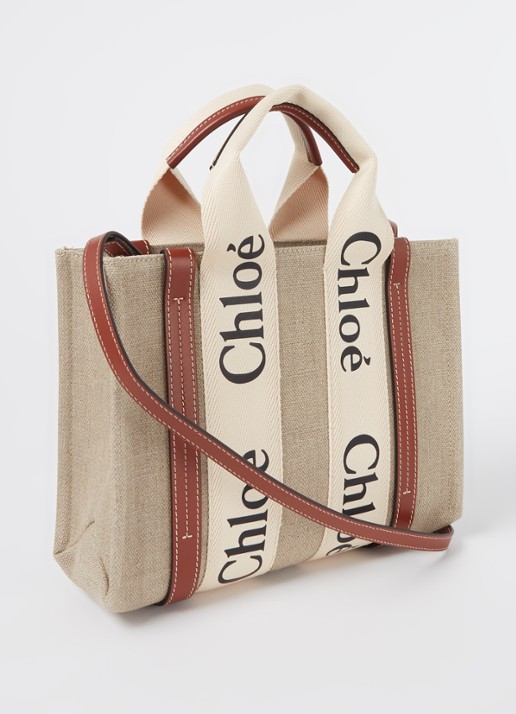 Chloé Woody Small handtas van linnen met kalfsleren details - achterkant 7 camel