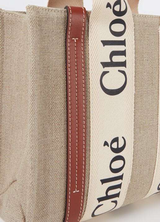 Chloé Woody Small handtas van linnen met kalfsleren details - detail 6 camel