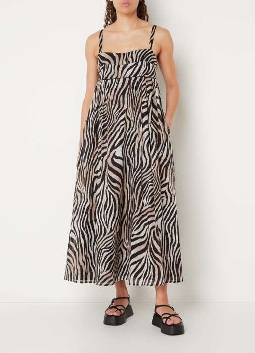 CINQUE Cietty midi jurk met zebraprint - voorkant 2 lichtbruin