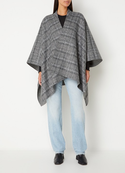 Cinque Cimaike cape in wolblend met ruitdessin - voorkant 2 zwart