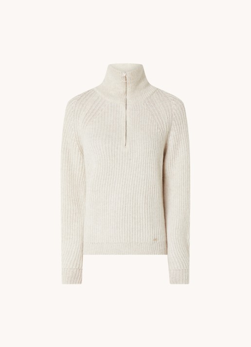 Cinque Cimolari fijngebreide trui in merino wolblend met col en halve rits - voorkant gebroken wit