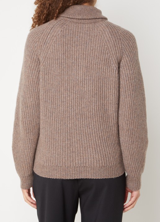 Cinque Cimolari fijngebreide trui in merino wolblend met col en halve rits - achterkant 4 lichtbruin