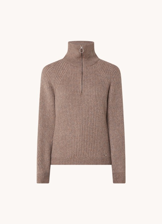 Cinque Cimolari fijngebreide trui in merino wolblend met col en halve rits - voorkant lichtbruin