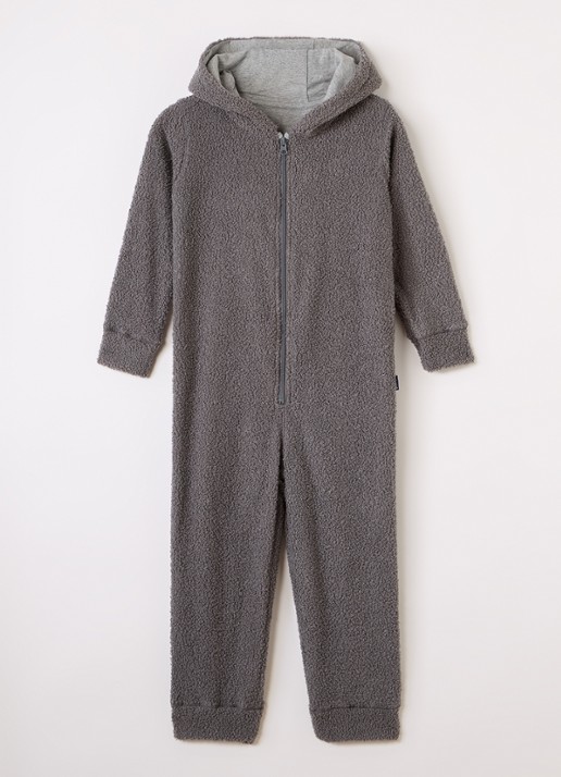 Claesens Junior Onesie van teddy met capuchon - voorkant donkergrijs