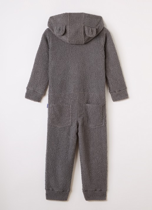 Claesens Junior Onesie van teddy met capuchon - voorkant 2 donkergrijs
