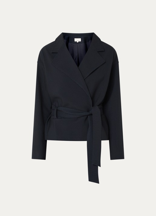 Claudia Sträter Blazer met krijtstreep en strikceintuur - voorkant 2 donkerblauw