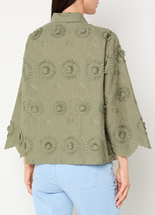 Claudia Sträter Blouse met bloemborduring en vlindermouwen - achterkant donkergroen