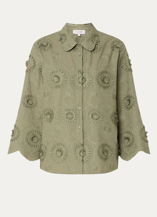 Claudia Sträter Blouse met bloemborduring en vlindermouwen - voorkant 2 donkergroen