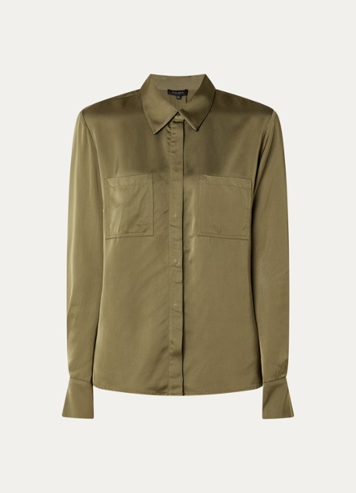 Claudia Sträter Blouse van satijn met borstzakken - voorkant 2 legergroen