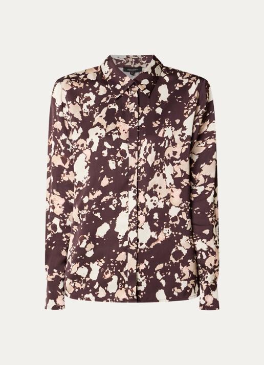 Claudia Sträter Blouse van satijn met grafische print - voorkant 2 chocoladebruin