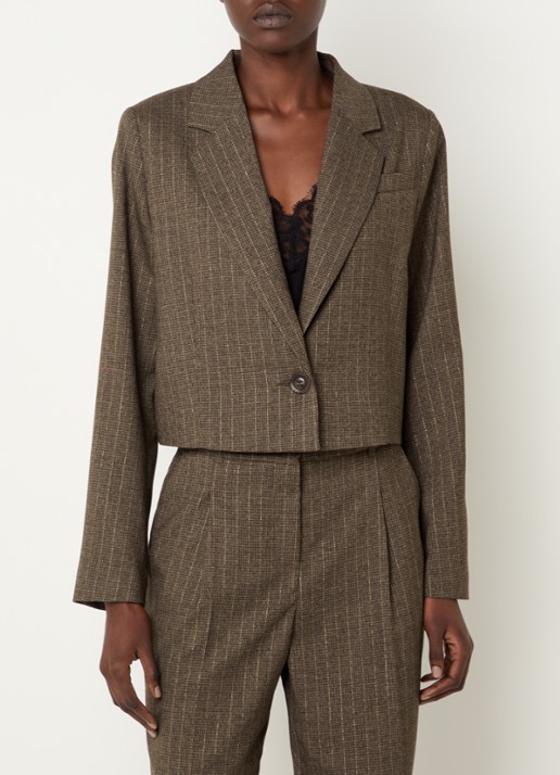 Claudia Sträter Cropped blazer met krijtstreep en lurex - detail 4 lichtbruin