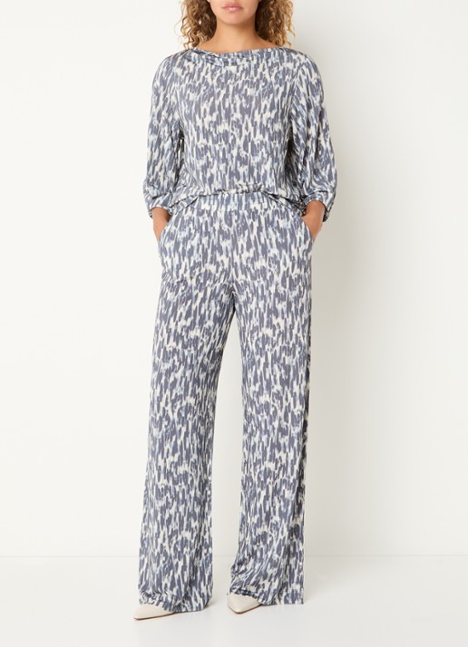 Claudia Sträter High waist straight fit broek met print - voorkant 2 staalblauw