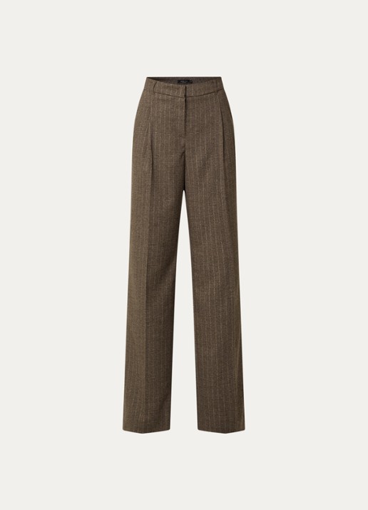 Claudia Sträter High waist straight fit pantalon met krijtstreep en lurex - voorkant 3 lichtbruin