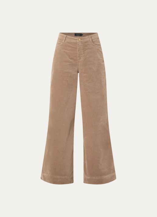 Claudia Sträter High waist wide fit broek van fluweel met steekzakken - voorkant donkerbeige