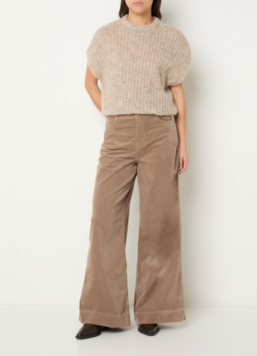 Claudia Sträter High waist wide fit broek van fluweel met steekzakken - voorkant 2 donkerbeige