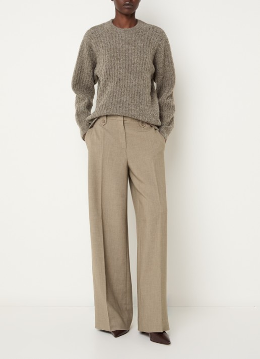 Claudia Sträter High waist wide fit pantalon met gemêleerd dessin - voorkant 4 beige