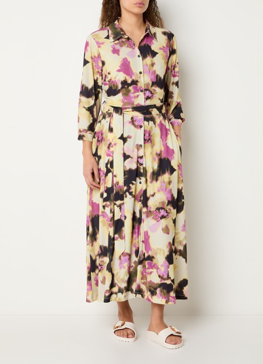 Claudia Sträter Maxi blousejurk met print en strikceintuur - detail 4 geel