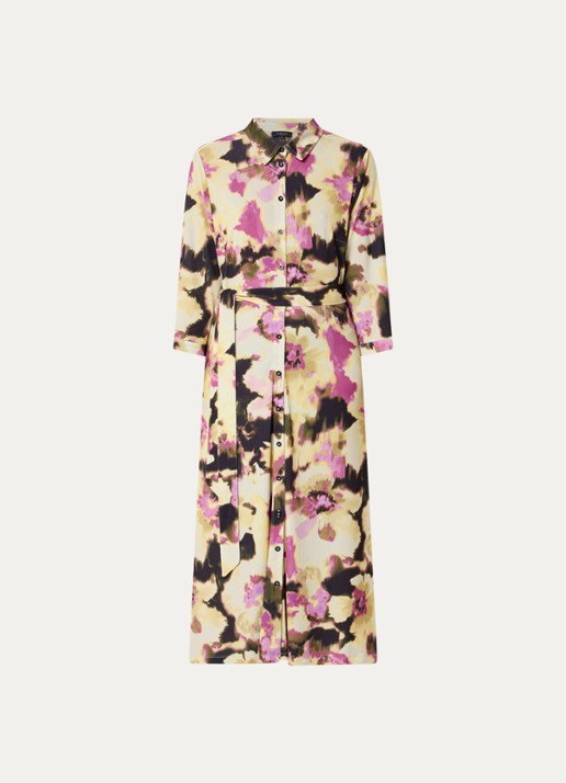 Claudia Sträter Maxi blousejurk met print en strikceintuur - voorkant geel
