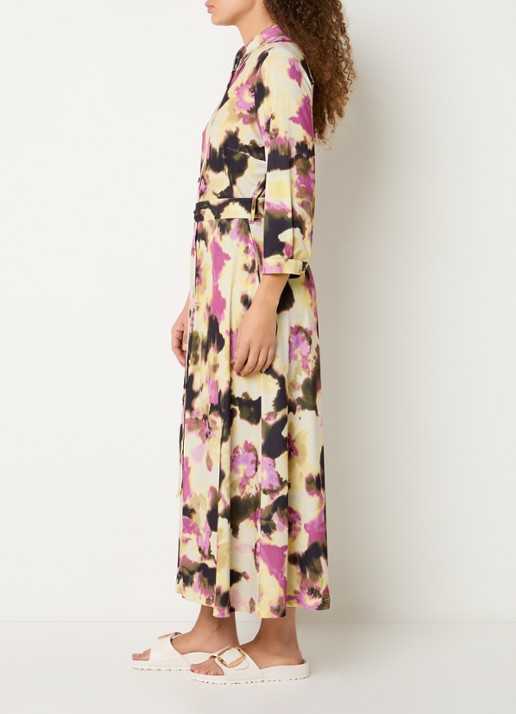 Claudia Sträter Maxi blousejurk met print en strikceintuur - voorkant 2 geel