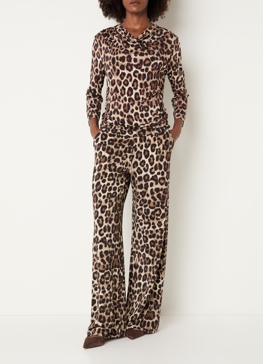 Claudia Sträter Mid waist loose fit broek met steekzakken en panterprint - voorkant 4 camel