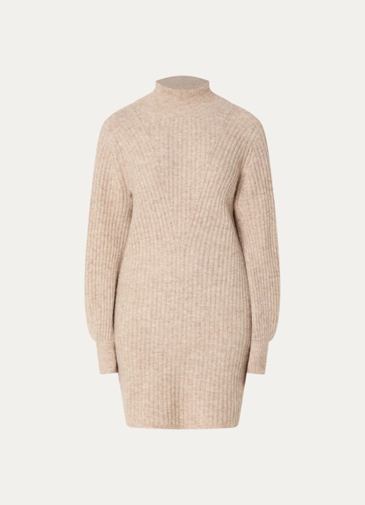 Claudia Sträter Ribgebreide mini jurk in alpaca wolblend - voorkant 2 beige