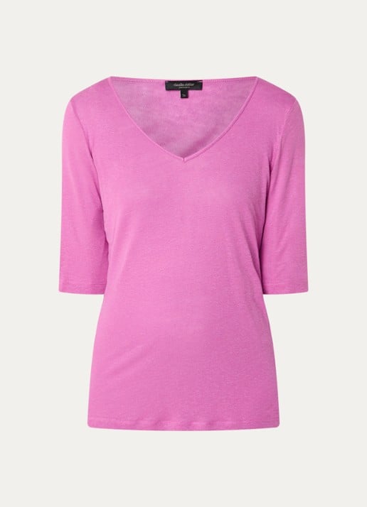 Claudia Sträter T-shirt in linnenblend met V-hals - voorkant 3 roze