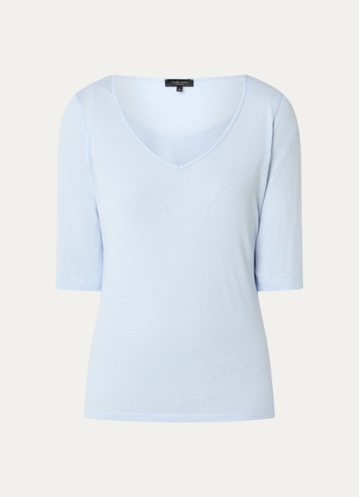 Claudia Sträter T-shirt in linnenblend met V-hals - voorkant 2 lichtblauw