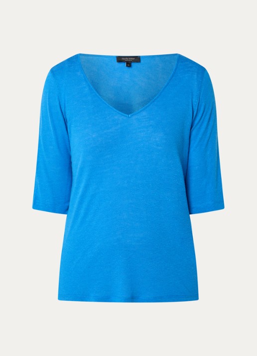 Claudia Sträter T-shirt in linnenblend met V-hals - voorkant kobaltblauw