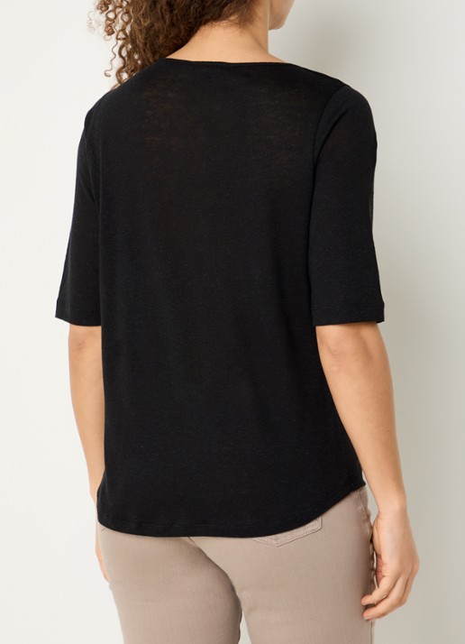 Claudia Sträter T-shirt in linnenblend met V-hals - achterkant zwart