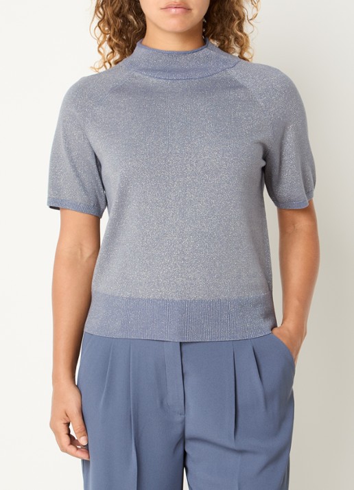 Claudia Sträter Top met metallic finish - detail staalblauw