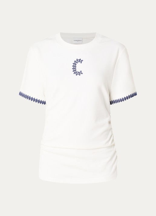 Claudie Pierlot Asymmetrisch T-shirt met borduring en plooidetail - voorkant gebroken wit