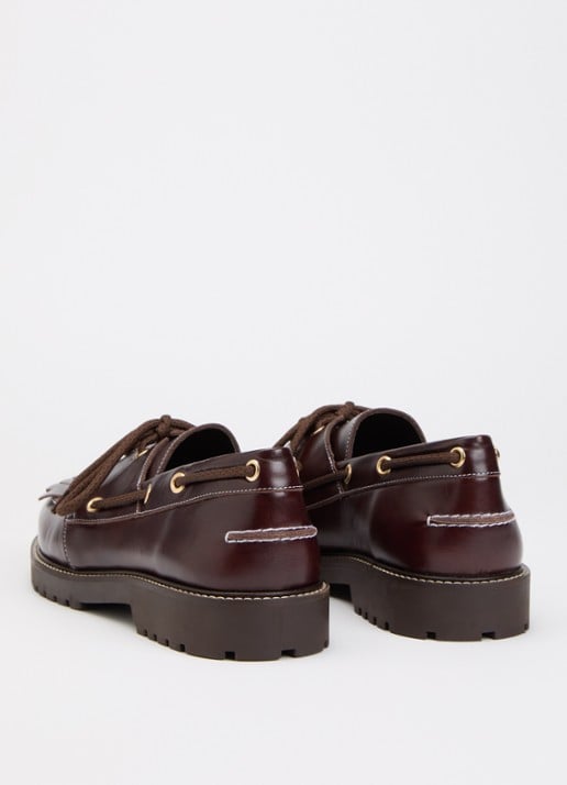 Claudie Pierlot Audrey bootschoen van leer met franjes - achterkant 4 chocoladebruin
