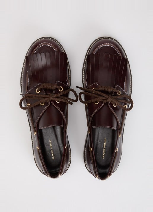 Claudie Pierlot Audrey bootschoen van leer met franjes - detail 2 chocoladebruin
