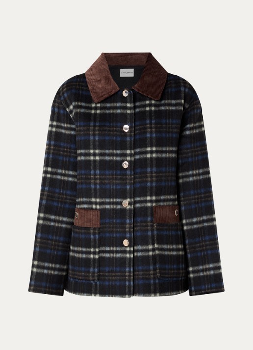 Claudie Pierlot Barn jack in alpaca wolblend met opgestikte zakken en ruitdessin - voorkant 2 donkerblauw