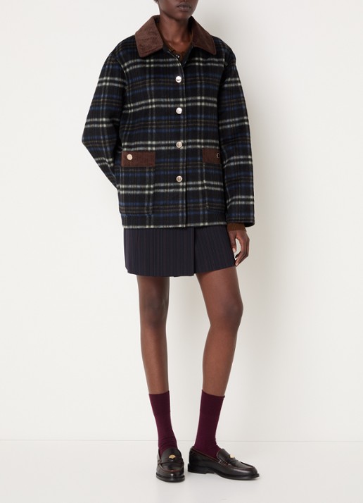 Claudie Pierlot Barn jack in alpaca wolblend met opgestikte zakken en ruitdessin - voorkant 3 donkerblauw