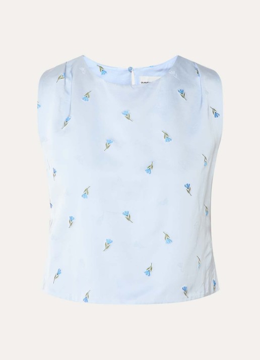 Claudie Pierlot Betsy mouwloze top van satijn met bloemborduring - voorkant 2 lichtblauw