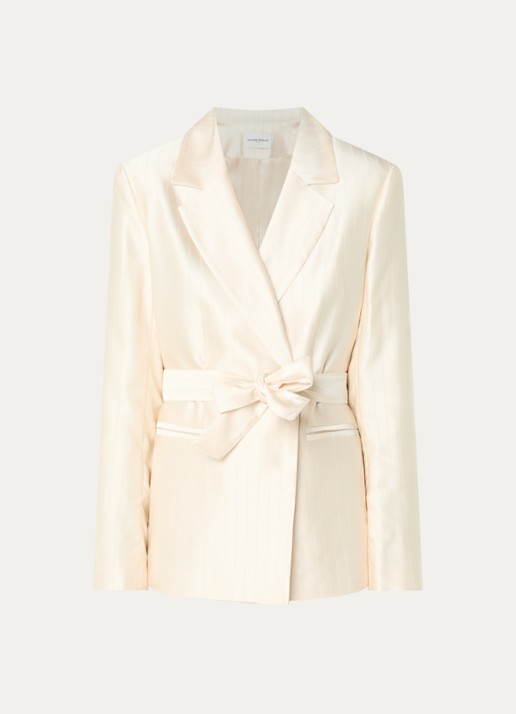 Claudie Pierlot Blazer van satijn met ceintuur - voorkant 3 vanillegeel
