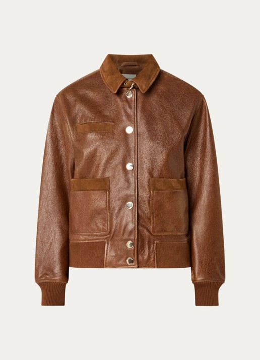 Claudie Pierlot Bomberjack van lamsleer met details van geitensuède - voorkant cognac