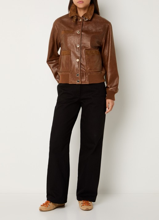 Claudie Pierlot Bomberjack van lamsleer met details van geitensuède - voorkant 2 cognac