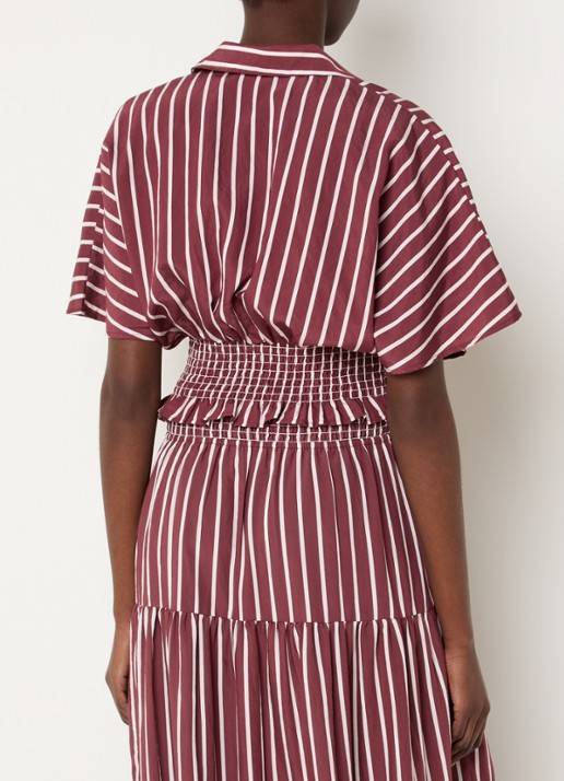 Claudie Pierlot Bomie cropped tuniek met streepprint en smockwerk - achterkant bordeauxrood