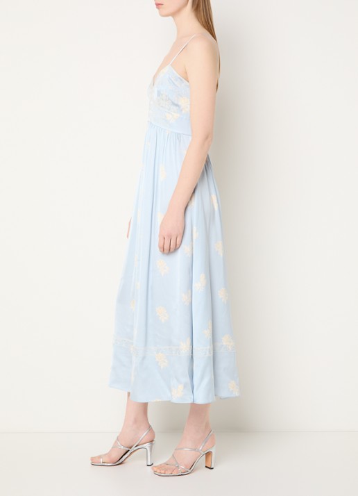 Claudie Pierlot Clair midi jurk met borduring en bloemenprint - voorkant 2 lichtblauw