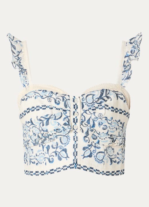 Claudie Pierlot Crop top van linnen met borduring en ruches - voorkant 2 blauw