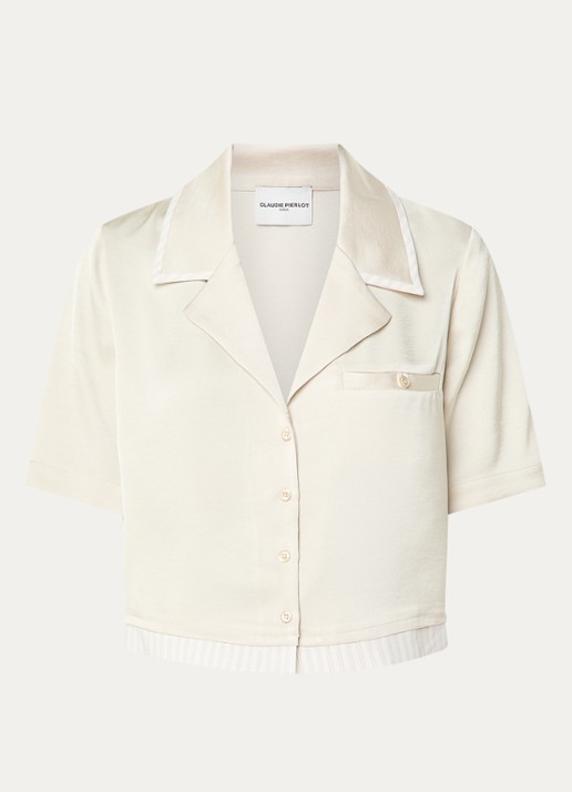 Claudie Pierlot Cropped blouse van satijn met borstzak - voorkant 2 beige