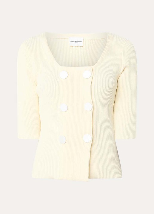 Claudie Pierlot  Double-breasted ribgebreid vest  - voorkant 2 vanillegeel