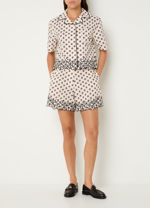 Claudie Pierlot Eva high waist straight fit korte broek met bloemenprint - voorkant 3 gebroken wit